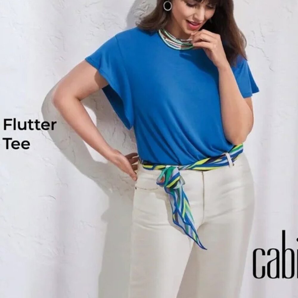 Cabi Flutter Tee Shirt Royal Blue Size Medium NWOT Stretch Soft Long Feminine